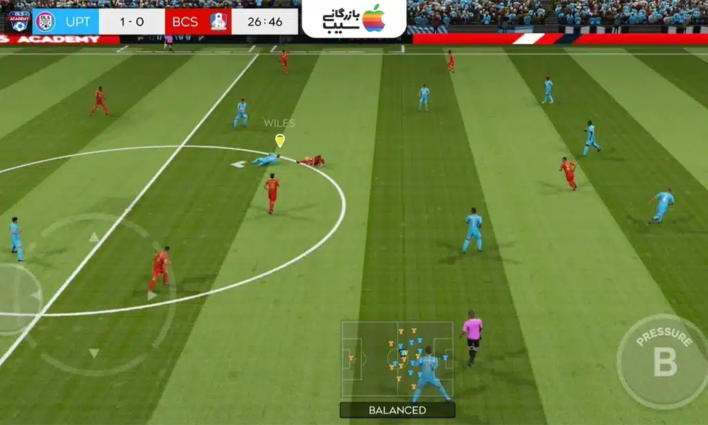صفحه بازی Dream League Soccer با نمایش تیم ساخته شده و مسابقه در حال انجام با گرافیک سه‌بعدی.