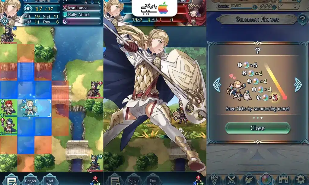 تصویری از سه منوی نبرد ی و تاکتیکی بازی Fire Emblem Heroes و قهرمان بازی