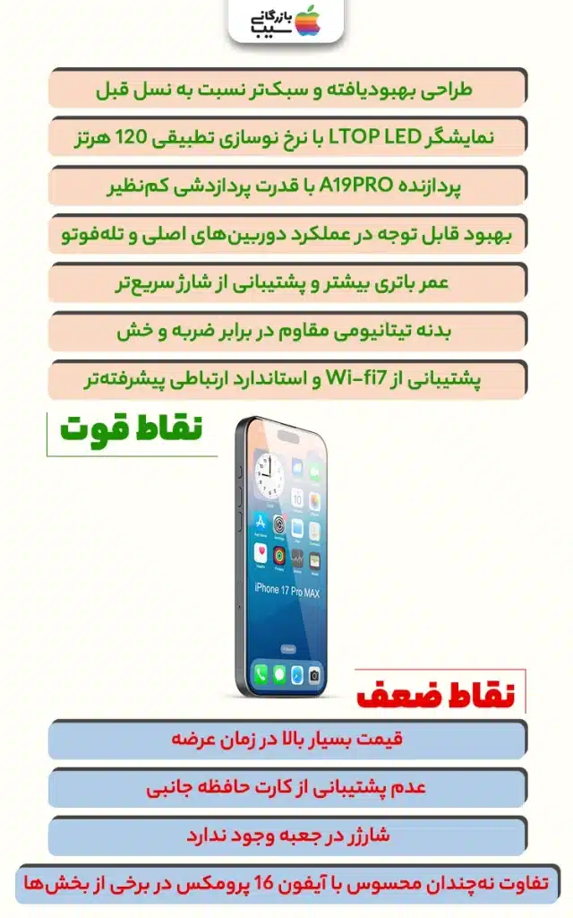 تصویری از نمودار مقایسهای از مزایا و معایب آیفون ۱۷ پرو مکس نسبت به نسل قبل