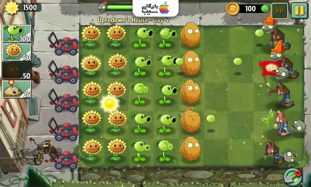 تصویری از باغچه با چیدمان دفاعی گیاهی برای دفاع در برابر زامبی ها در بازی Plants vs. Zombies™ 2