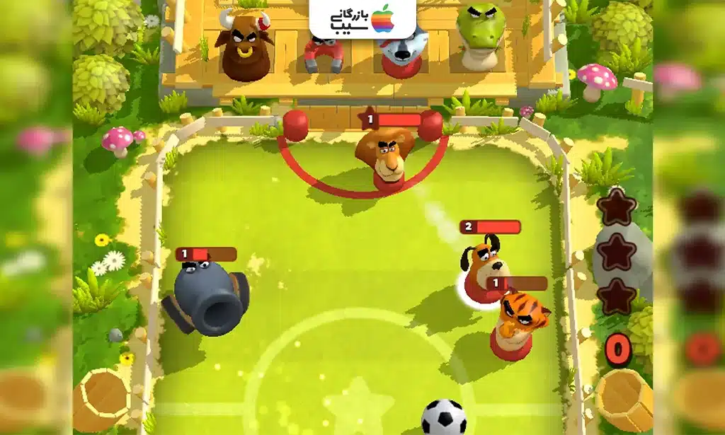  نمایی کارتونی از بازی Rumble Stars با حیوانات بامزه که در زمین فوتبال با توانایی‌های خاص رقابت می‌کنن