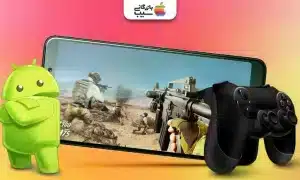 تصویری از صفحه یک بازی همراه با یک دسته و نماد اندروید در کنار آن