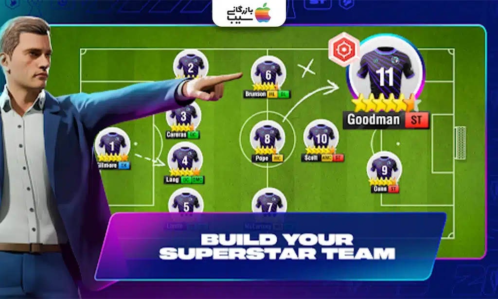 نمایی از منوی مدیریت تیم در بازی Top Eleven با گزینه‌های طراحی تاکتیک و جذب بازیکن.