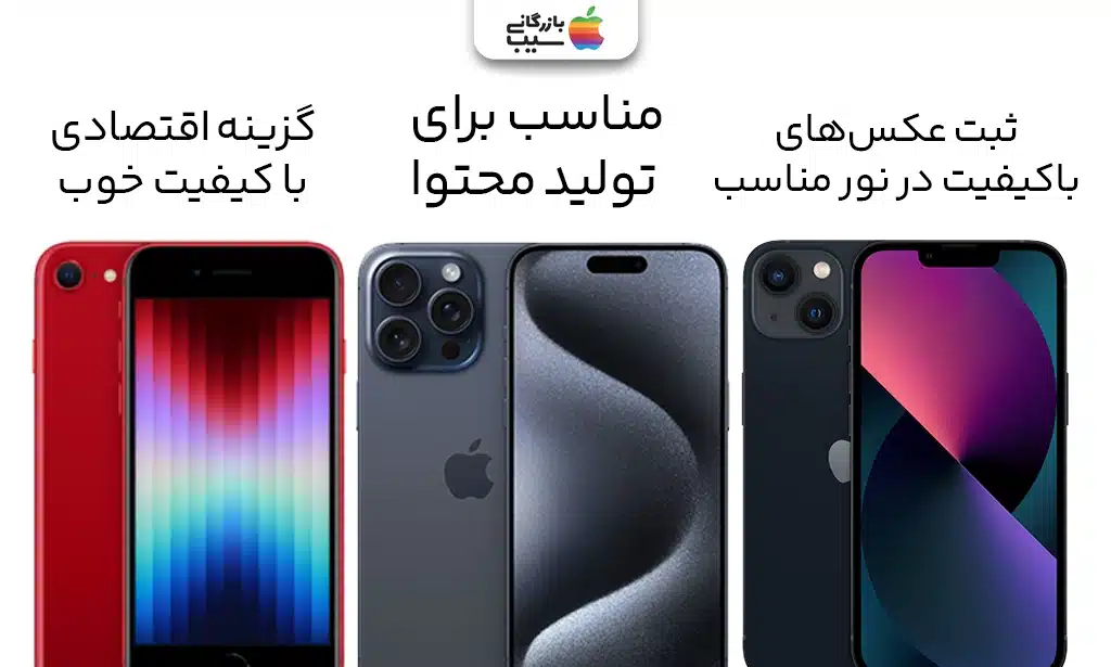 تصویر چند مدل آیفون از جمله آیفون ۱۳، ۱۵ پرو و SE 2022 که به صورت دسته‌بندی شده برای کاربردهای مختلف عکاسی نمایش داده شده‌اند.