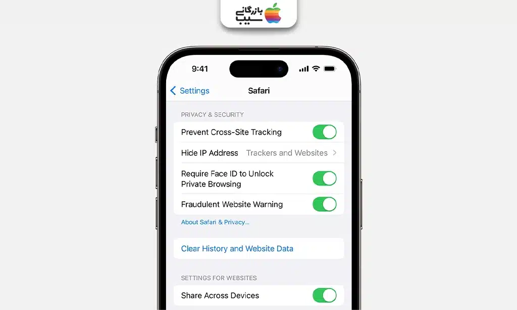 نمایش تنظیمات Safari در آیفون با گزینه Clear History and Website Data و کادر تأیید حذف داده‌ها.