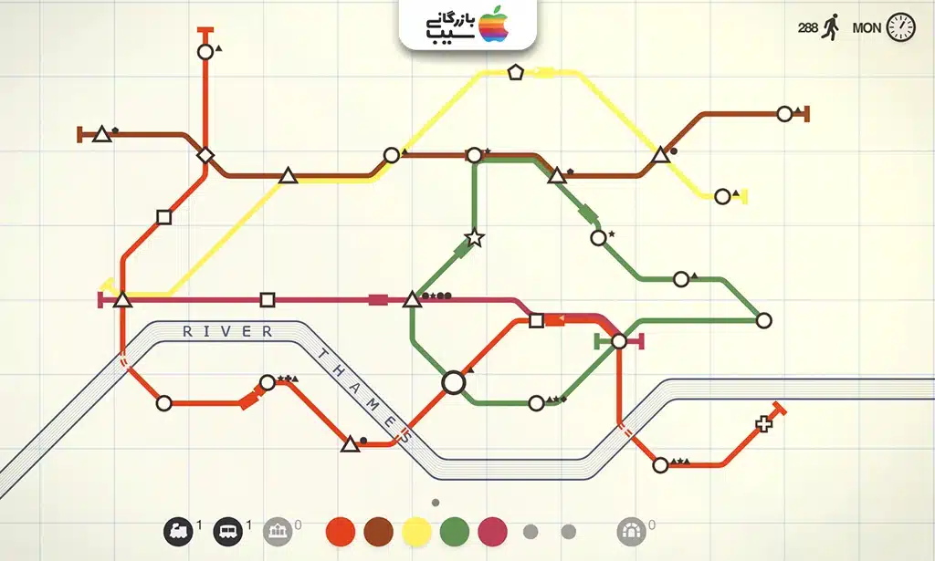 تصویری از Mini Metro که یک نقشه مینیمال از خطوط متروی یک شهر با ایستگاهها و قطارهای رنگی در حال حرکت است.