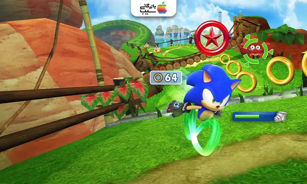 تصویری از Sonic Dash که Sonic با سرعت در حال دویدن در یک مسیر رنگارنگ پر از حلقههای طلایی و موانع است.