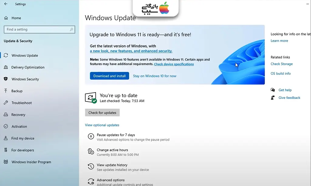 تصویری از پخش Windows updateدر تنظیمات ویندوز10 که پیان ارتقا رایگان به ویندوز11را نمایش میدهد