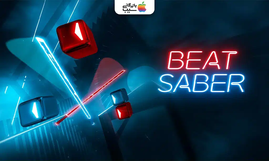 تصویری از Beat Saber که بازیکنی با شمشیرهای نوری در حال بریدن بلوکهای رنگی در یک محیط نئونی است.