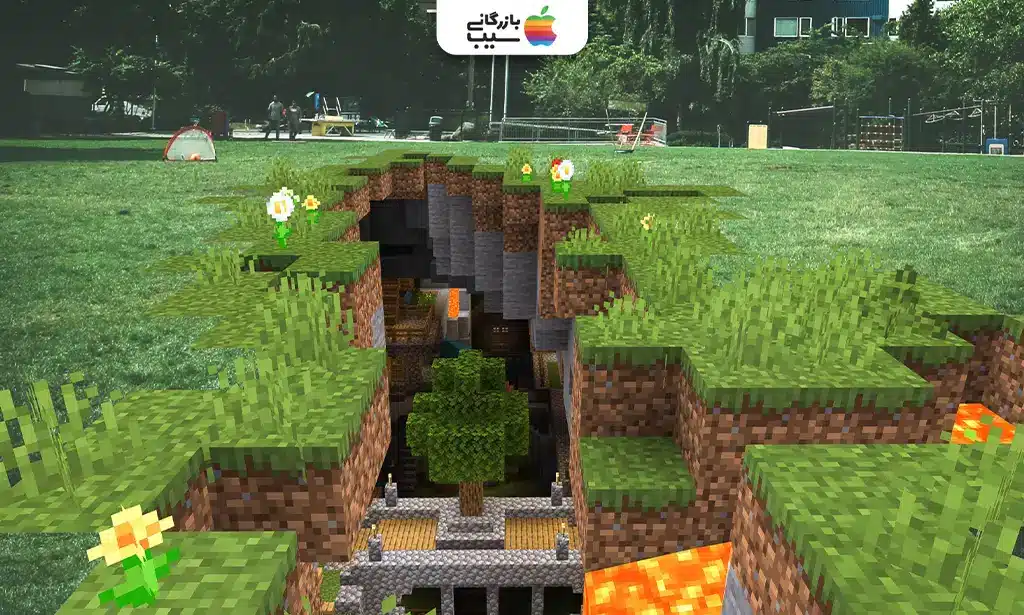 تصویری از Minecraft Earth که یک سازه پیکسلی Minecraft در یک پارک واقعی با درختان و نیمکتها از طریق دوربین گوشی نمایش داده شده است.