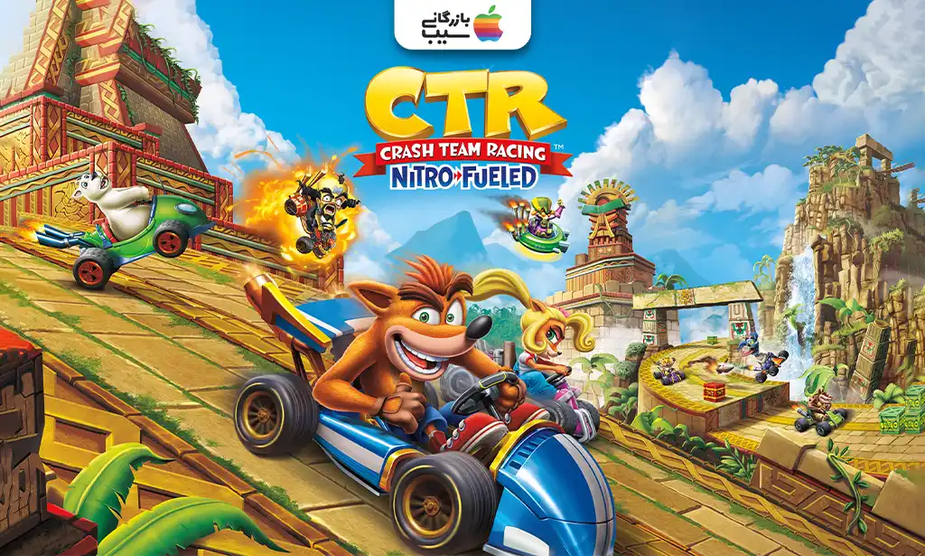 تصویری از Crash Team Racing Nitro-Fueled که Crash در حال مسابقه با کارت در یک مسیر رنگارنگ با جعبههای نیترو و موانع است.