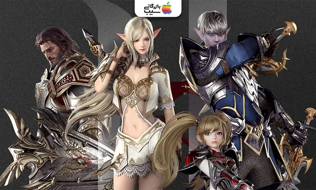 تصویری از Lineage 2: Revolution که گروهی از جنگجویان در حال نبرد با یک اژدهای عظیم در یک دنیای فانتزی با گرافیک سهبعدی است.
