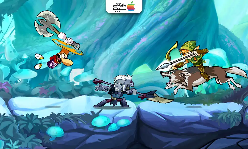 تصویری از Brawlhalla که دو شخصیت با سلاحهای مختلف در حال مبارزه در یک میدان رنگارنگ با پلتفرمهای شناور هستند.