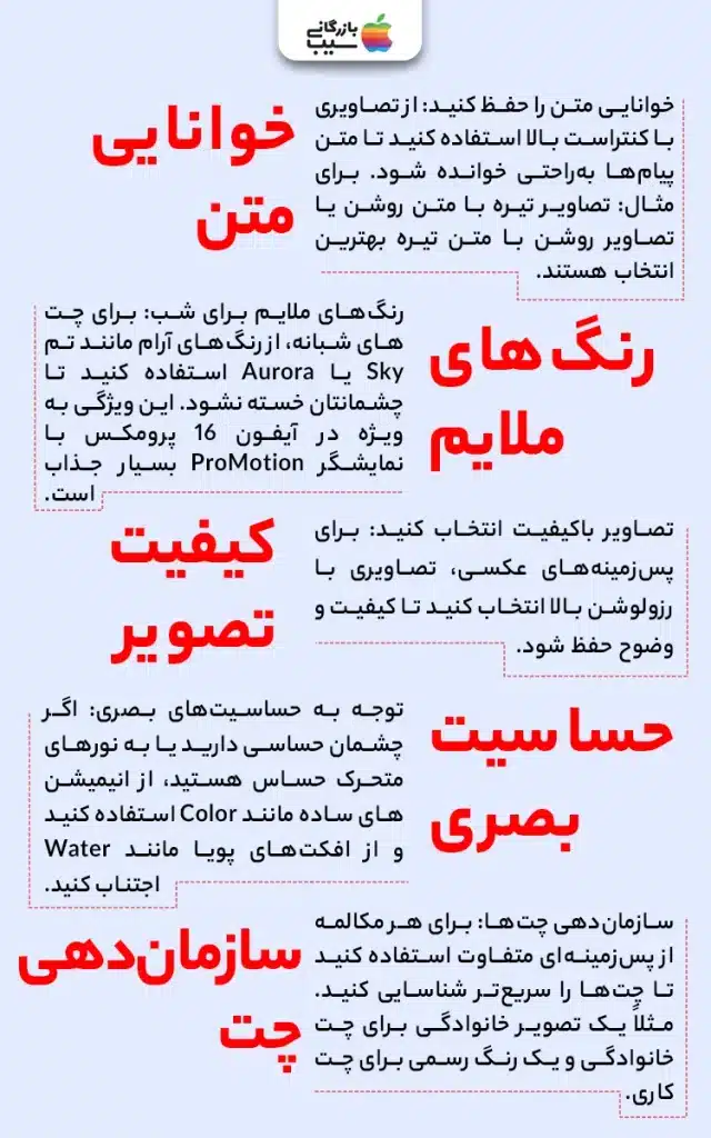 اینفوگرافی که نکات انتخاب پس‌زمینه سفارشی پیام‌ها در iOS 26 را نشان می‌دهد، شامل توصیه‌هایی مانند خوانایی متن، استفاده از تصاویر باکیفیت و انتخاب رنگ‌های ملایم.