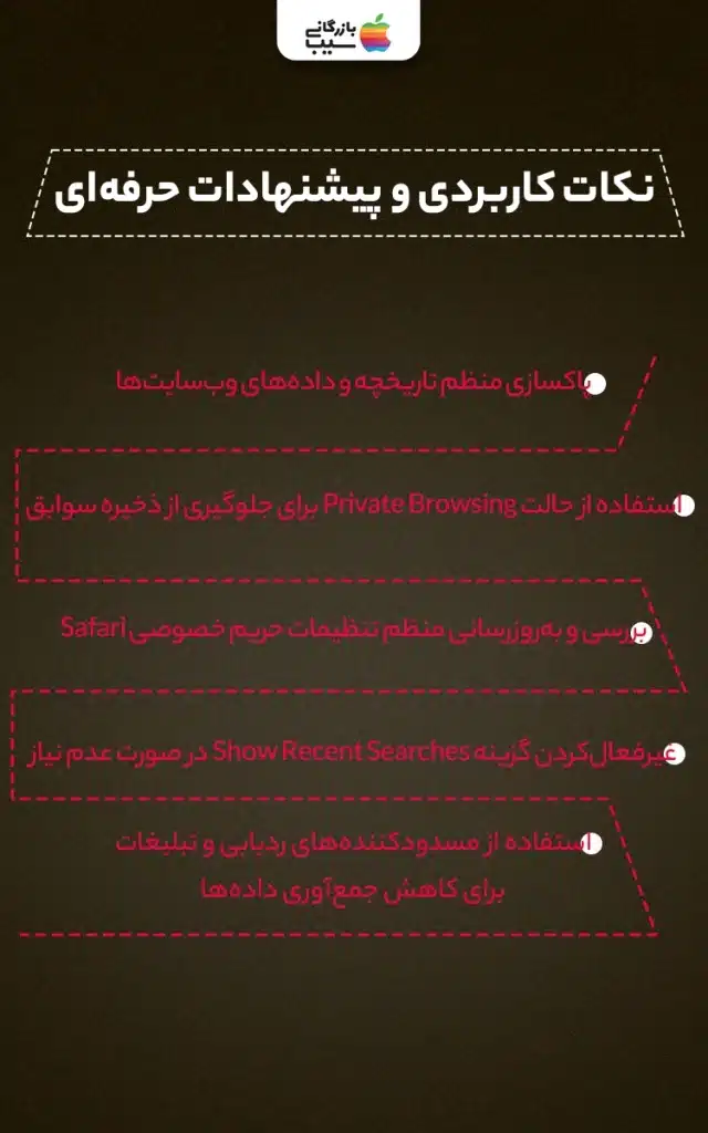  تصویری از صفحه تنظیمات Safari با بخش حریم خصوصی و گزینه‌های مربوط به حالت Private Browsing و پاکسازی تاریخچه.