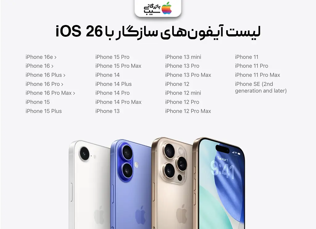 تصویر اینفوگرافیک از لیست مدل‌های آیفون که قابلیت پشتیبانی از iOS 26 رو دارند