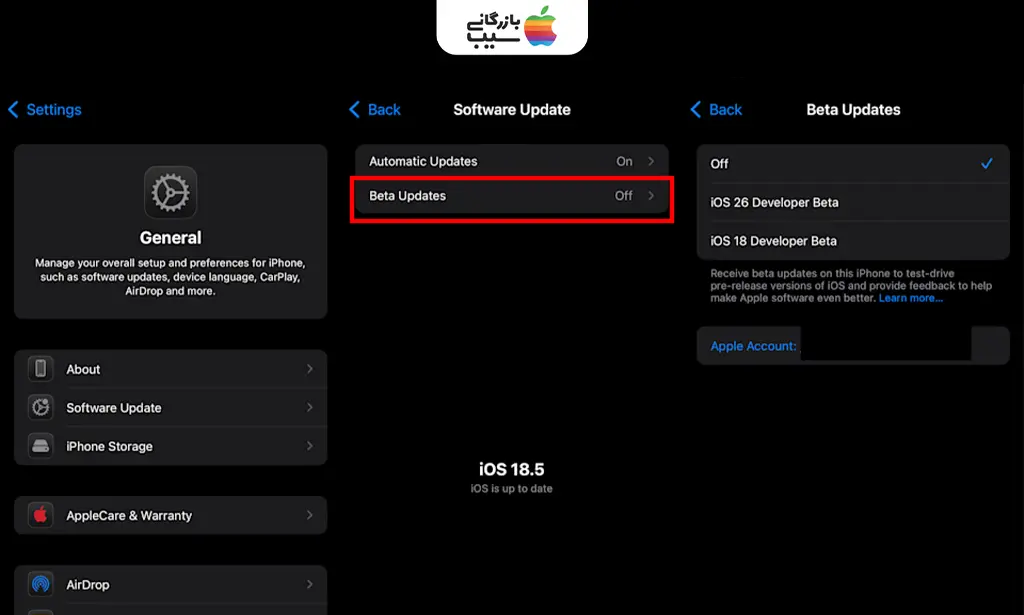 صفحه تنظیمات آیفون در مسیر General > Software Update با گزینه فعال‌سازی Beta Updates