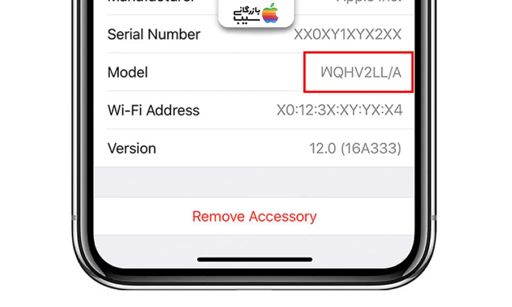  اسکرین‌شات از بخش About در تنظیمات آیفون که Model Number را نشان می‌دهد و نحوه نمایش پارت نامبر پس از ضربه زدن روی کد مدل توضیح داده شده است.