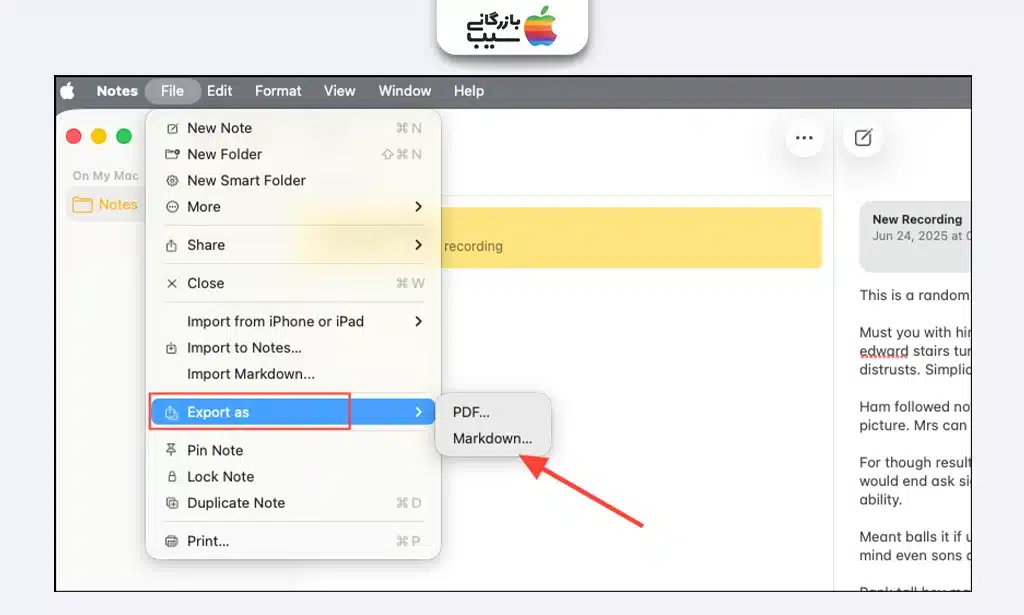  ذخیره فایل Markdown در iCloud یا ارسال از طریق اپ‌های دیگر
