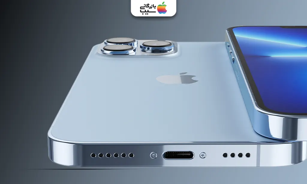 گراف خطی سرعت دانلود 5G/Wi-Fi با خط آبی سریعتر برای آیفون 17 پرو (5 گیگابیت بر ثانیه) در مقابل خط نارنجی کندتر 14 پرو مکس، با آیکونهای سیگنال بر زمینه شبکه دیجیتال