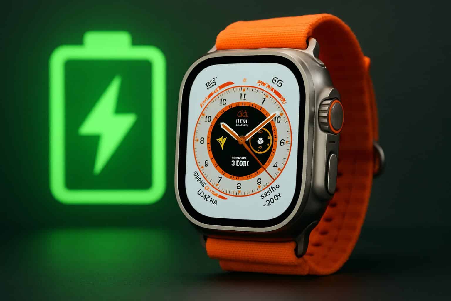 تصویری از اپل واچ اولترا 3 در کنار آیکون باتری