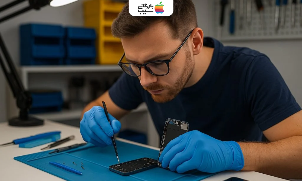تعمیر کار حرفه ای در حال تعمیر گوشی آیفون روی میز کار با ابزار های تخصصی
