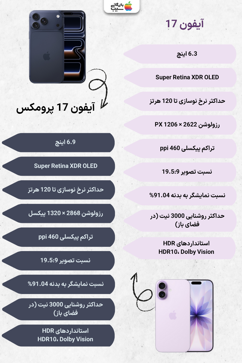 تصویر اینفوگرافی از توضیحات صفحه نمایش آیفون 17 پرومکس و آیفون 17 نرمال