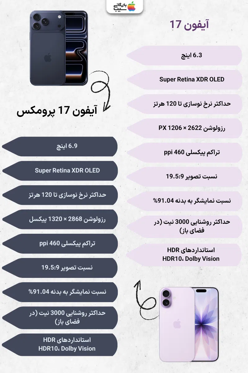 تصویر اینفوگرافی از توضیحات صفحه نمایش آیفون 17 پرومکس و آیفون 17 نرمال