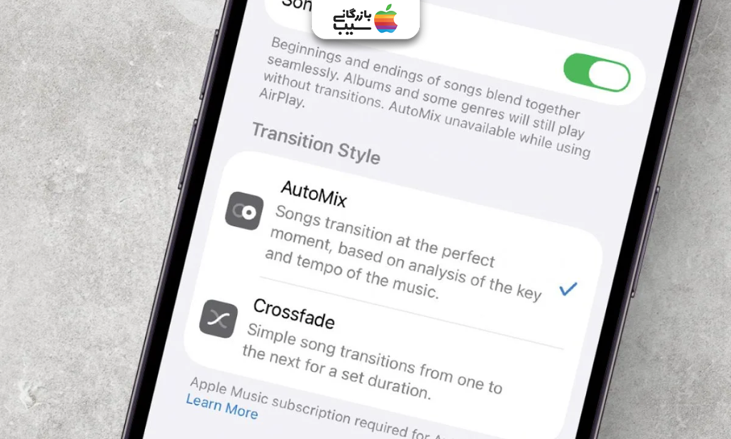  اسکرین‌شات مرحله‌به‌مرحله از مسیر Settings → Music → Song Transitions