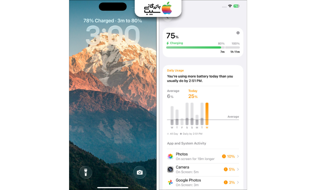 تصویر نمایش مراحل فعال‌سازی زمان تخمینی شارژ کامل در تنظیمات آیفون.