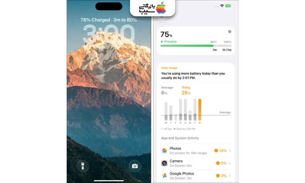 تصویر نمایش مراحل فعال‌سازی زمان تخمینی شارژ کامل در تنظیمات آیفون.