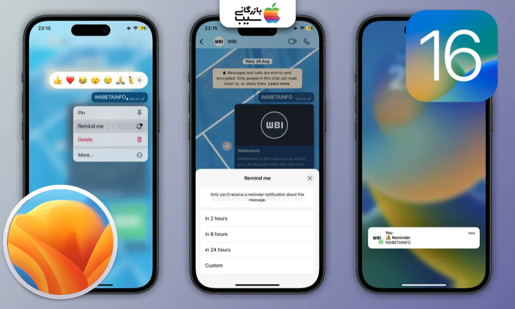 تصویری از تنظیمات واتساپ روی آیفون و مک که گزینه Remind Me فعال شده و نشان می‌دهد نسخه سیستم عامل دستگاه باید iOS 16 یا macOS Ventura 13 باشد.