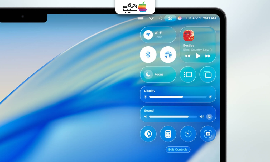 تصویر مک‌بوک با فعال بودن افکت Liquid Glass در macOS Tahoe 26.1.