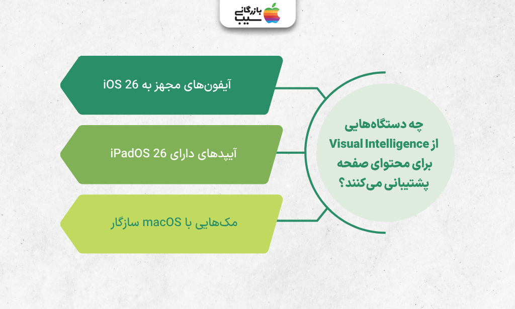 تصویری اینفوگرافی از فهرست دستگاه‌های اپل که از Visual Intelligence در iOS 26 پشتیبانی می‌کنند.