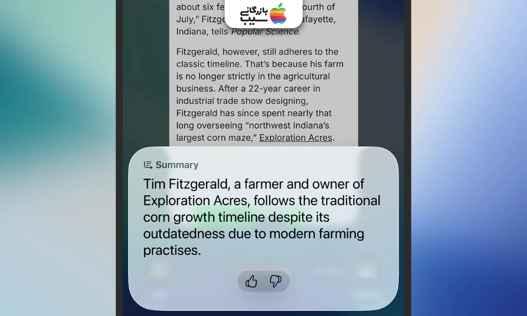 تصویری نشان‌دهنده گزینه‌های Summarize و Read Aloud روی یک اسکرین‌شات آیفون از قابلیت Visual Intelligence در iOS 26