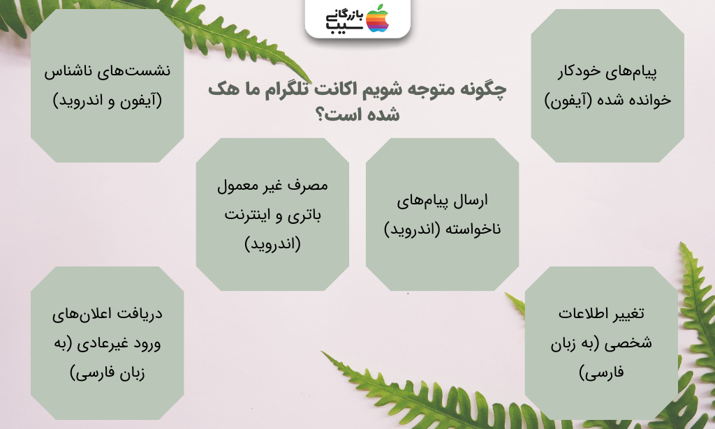 تصویر اینفوگرافی از نکاتی که نشان میدهد چگونه متوجه شویم اکانت تلگرام ما هک شده است