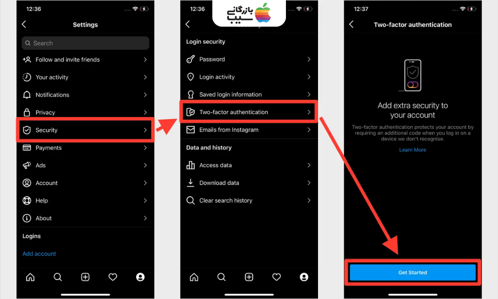 تصویر مراحل فعال‌سازی تایید هویت دو مرحله‌ای (Two-Factor Authentication)