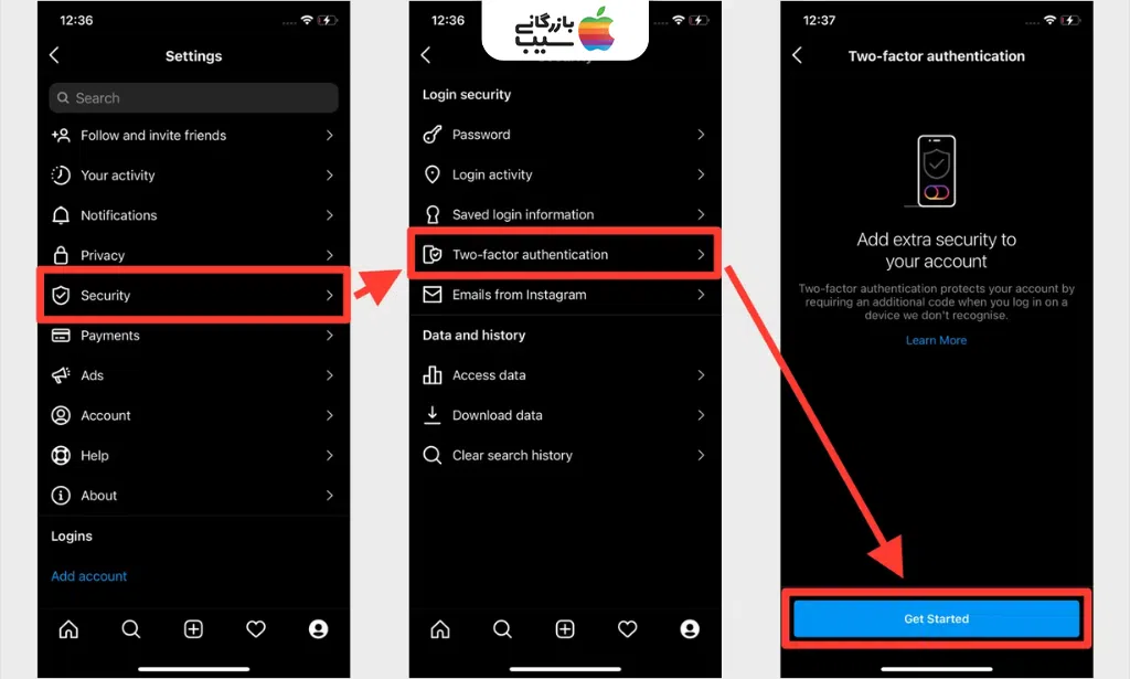 تصویر مراحل فعال‌سازی تایید هویت دو مرحله‌ای (Two-Factor Authentication)