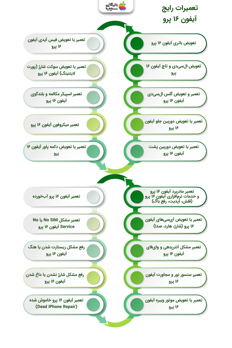 تصویر اینفوگرافی از تعمیرات رایج آیفون ۱۶ پرو 