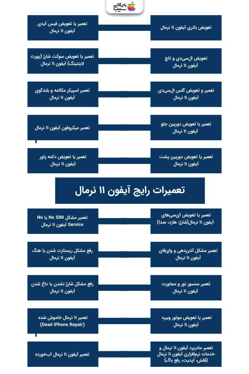 تصویر اینفوگرافی از تعمیرات رایج آیفون ۱۱ نرمال 