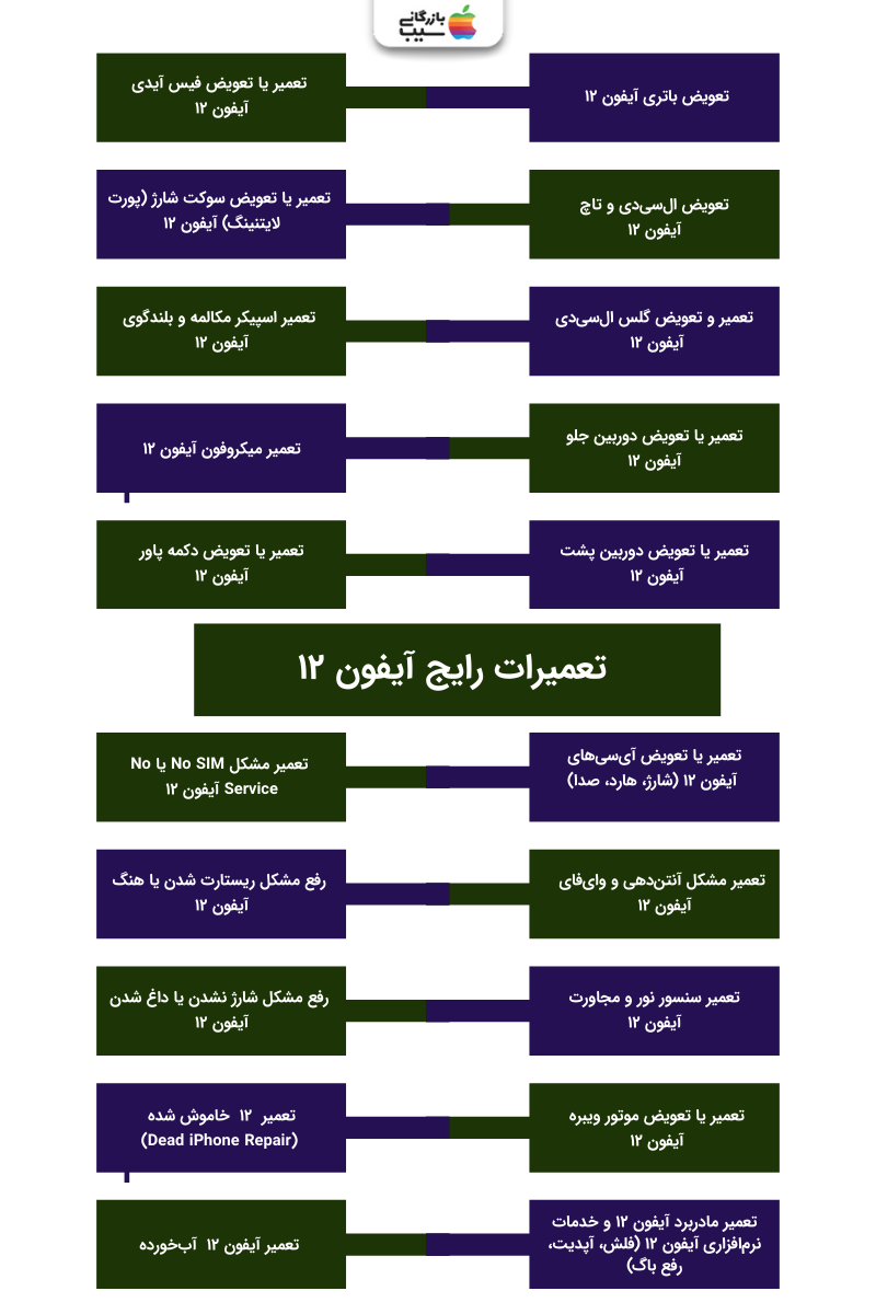 تصویر اینفوگرافی از تعمیرات رایج آیفون ۱۲ نرمال