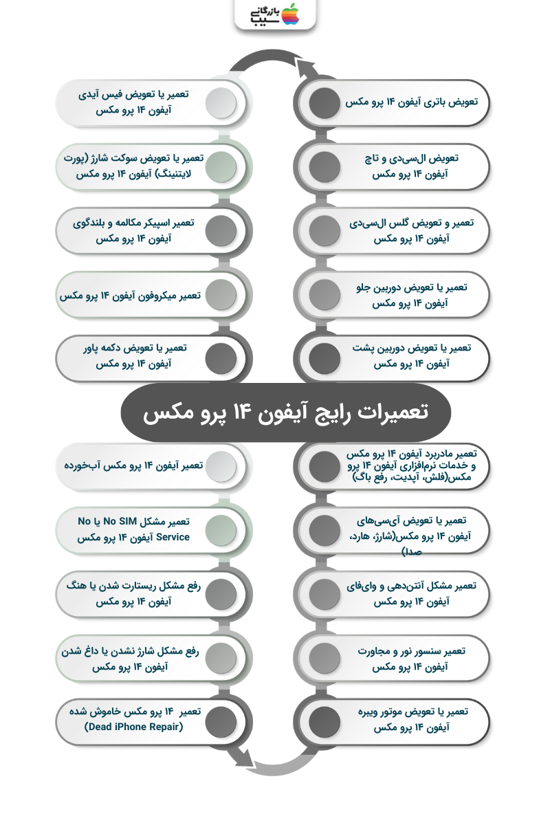 تصویر اینفوگرافی از تعمیرات رایج آیفون ۱۴ پرو مکس