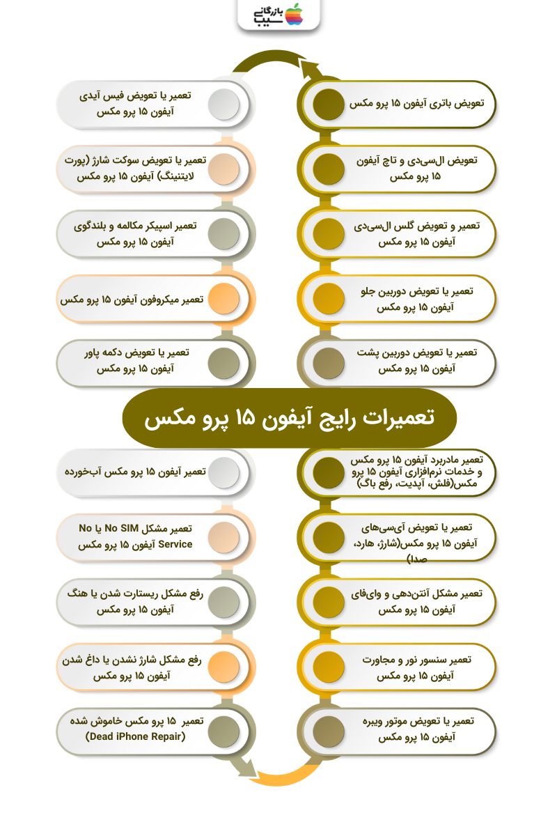 تصویر اینفوگرافی از تعمیرات رایج گوشی آیفون ۱۵ پرو مکس