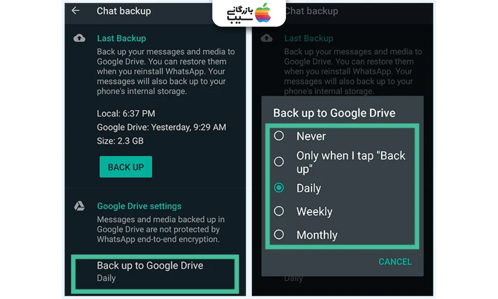 تصویری برای نشان دادن زمان‌بندی بکاپ‌ها و محدودیت‌ها در بازیابی پیام های حذف شده واتساپ