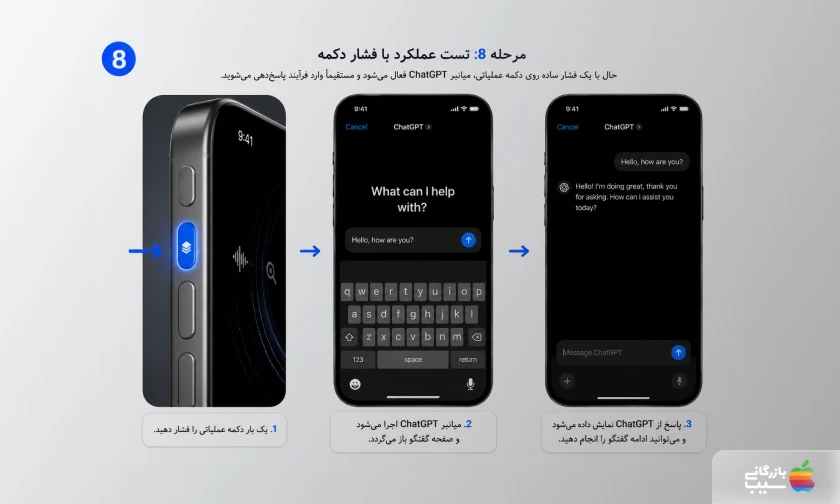 تصویری از مرحله هشتم اتصال ChatGPT به دکمه عملیاتی آیفون در مرحله تست عملکرد