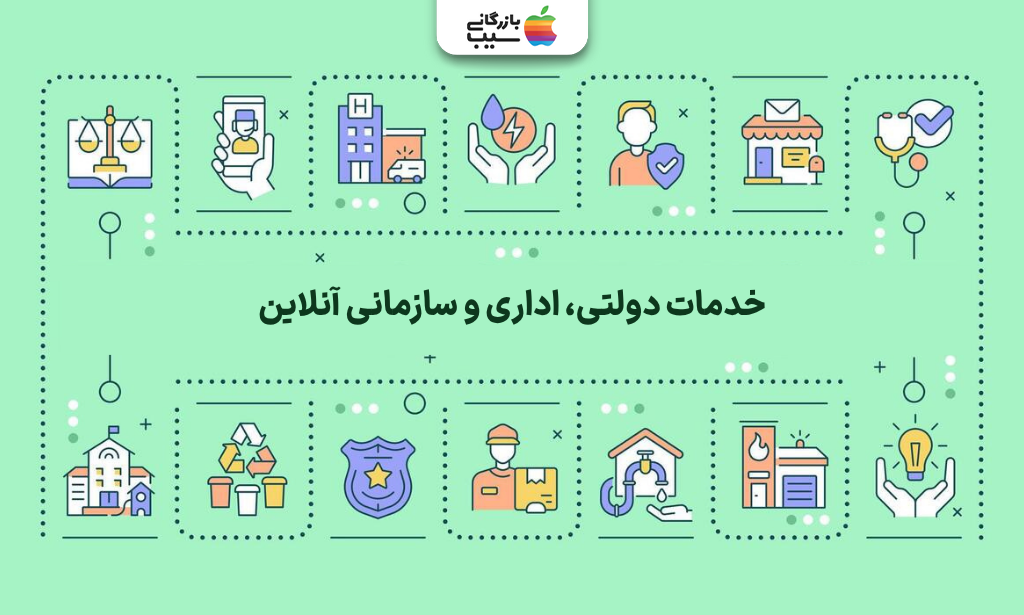تصویر گرافیکی که مجموعهای از آیکونهای خدمات مختلف مانند بیمارستان، پلیس، پست و مدرسه را حول یک پنل متنی مرکزی نشان میدهد.
