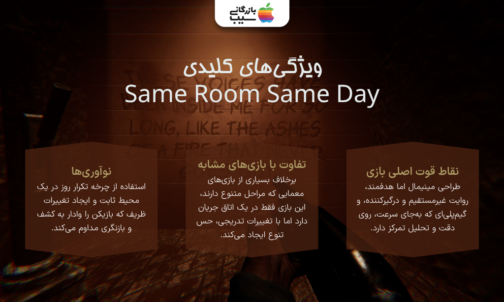 اینفوگرافیک ویژگی‌های کلیدی، نوآوری‌ها و تفاوت‌های بازی Same Room Same Day با سایر عناوین