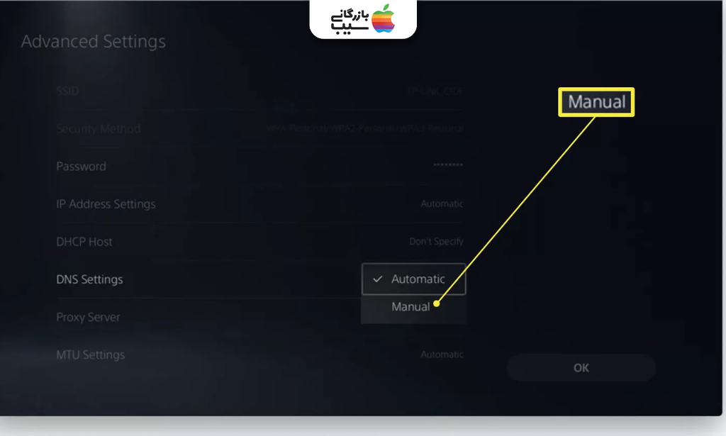 پنجره تنظیمات پیشرفته برای تغییر حالت DNS Settings به گزینه Manual در کنسول