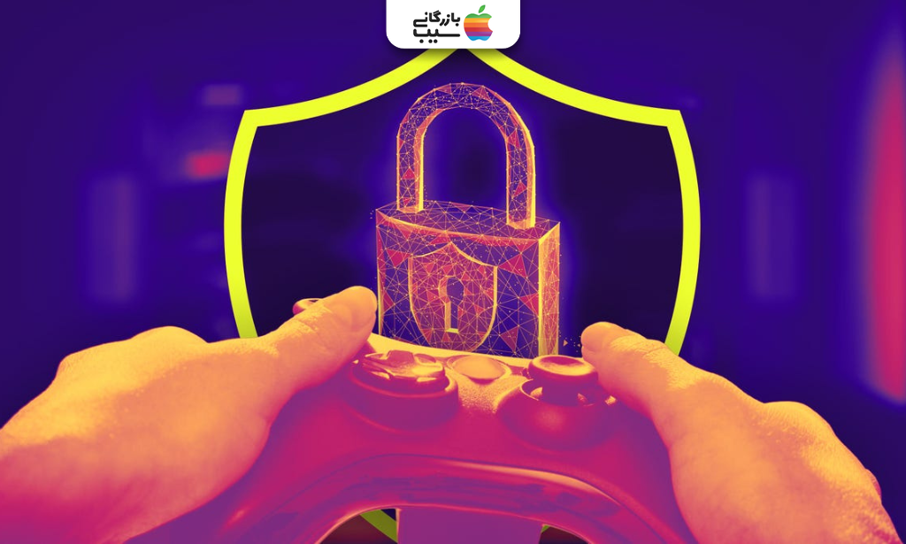 دستان در حال نگه داشتن دسته بازی با نماد سپر حفاظتی و قفل درخشان امنیت VPN