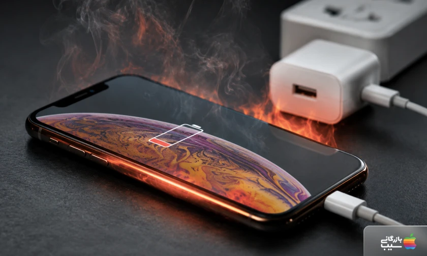 تصویری از یک آیفون XS Max روی میز که به شارژر وصل است و داغ شده